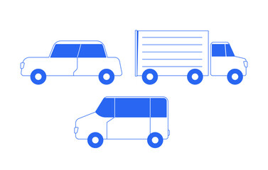 Three vehicles side view 2D line objects set. Car, truck, van. Retro sedan, logistics lorry, minivan. Transport isolated cliparts vector blue outline items. Monochrome spot illustrations collection