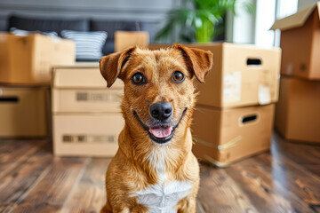 Brown dog is sitting in front of a pile of cardboard boxes