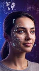 AI Facial Recognition: Decoding the Future of Biometrics & Cybersecurity. Woman, Technology, Data, Privacy, Futuristic Vision