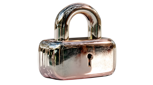 A glowing 3D padlock icon with reflective metallic surfaces, representing security and trust, isolated on white --ar 16:9 --v 7.0 --s 750