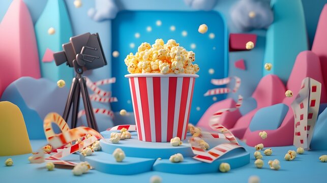 Colorful popcorn stage setting with camera equipment.