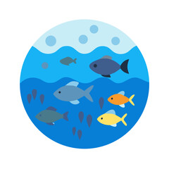 Circular fishbowl image showing different colorful fish species
