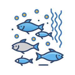 Stylized fish swimming in an abstract, dark water environment