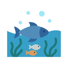 Flat vector image of marine life in ocean with fish