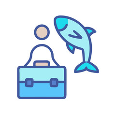 Cartoon business person and fish symbolizing work-life balance concept