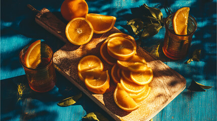 Sliced Oranges on Wooden Chopping Board, Drinks in Glasses with Orange Slices