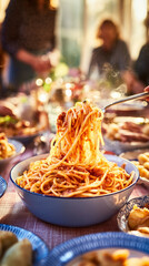 Table with Italian Food, Bowl of Spaghetti Bolognese