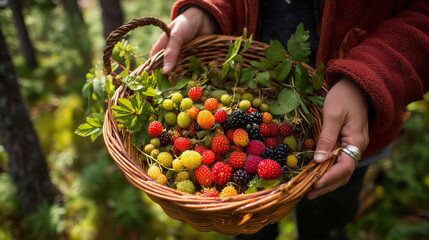 Woman Hand Holds a Basket with Freshly Harvested Wild Fruits