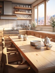 Fototapeta premium A bright kitchen with a large wooden table set with tea service and a view of snow capped mountains