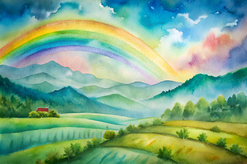 Serene Watercolor Landscape with Mountains, Rainbow, and Meadow under a Bright Sky, Capturing Tranquility and Nature's Beauty in Vibrant Hues