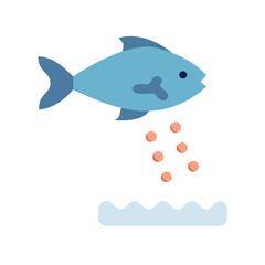 Stylized blue fish illustration being fed floating orange pellets