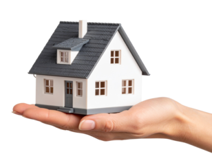 Close-Up of Hand Holding Tiny House Model, isolated on a transparent background.