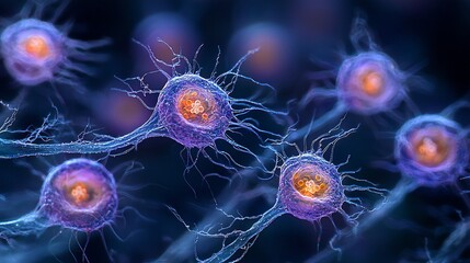 Microscopic view of cells, intricate details, vibrant colors, scientific imagery