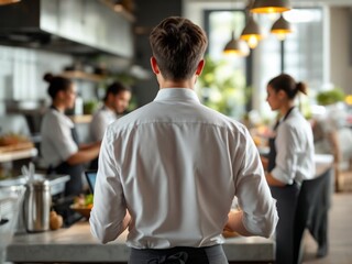 Fototapeta premium Supervisor in white shirt observing busy kitchen workflow