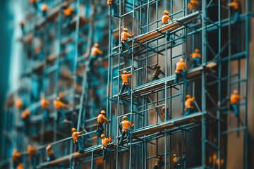 Fototapeta premium Miniature figures climbing enormous scaffolding to build a skyscraper