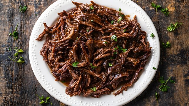 Delicious shredded beef recipe on a white plate for dinner, easy to make and great for any occasion