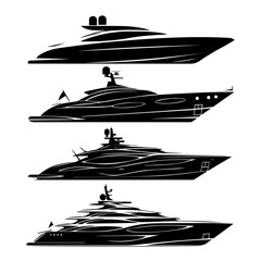 Vector illustration of five sleek, modern yacht silhouettes in black and white, depicted from a side view with dynamic lines suggesting motion, showcasing luxury maritime design and style.