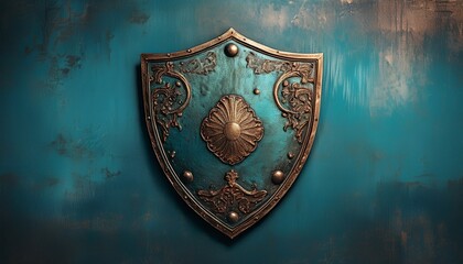 Fototapeta premium a weathered metal shield against a textured blue background
