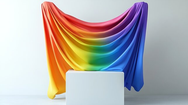 flag draped over a white cube pedestal, rendered with soft pastel rainbow gradient, modern minimal design conveying silent pride