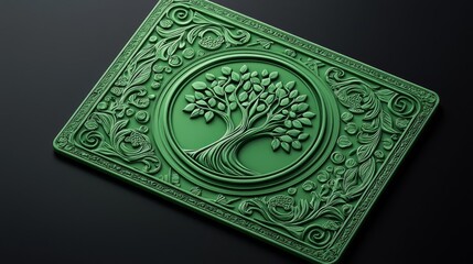 A detailed green relief of a tree surrounded by ornate patterns on a dark surface.