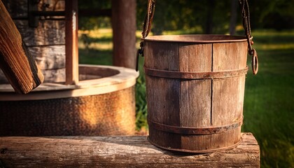 an antique bucket at a rustic water well nostalgic photographic style
