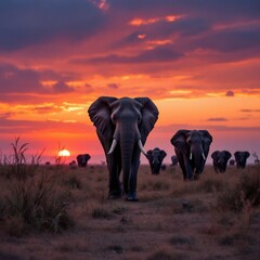 Obraz premium Elephants walking in the african savanna at sunset