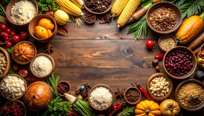 Native American, indigenous foods. Thanksgiving food concept, harvest, bounty.