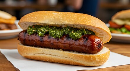 Chorip&aacute;n chorizo sausage sandwich with chimichurri on a restaurant table