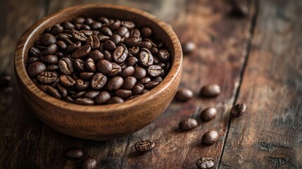 Roasted coffee beans in rustic bowl on wooden table for cafe and morning energy concept