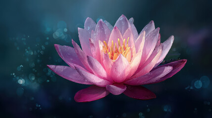 Pink lotus flower with water droplets under moonlight, creating serene night scene