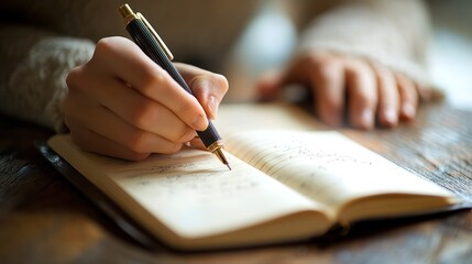 Person inscribing thoughts into a journal on an aged wooden surface with pen