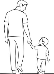 Simple black and white line art of a father and son walking hand-in-hand. The child looks up at the parent. Minimalist style emphasizing their connection. Happy father's day