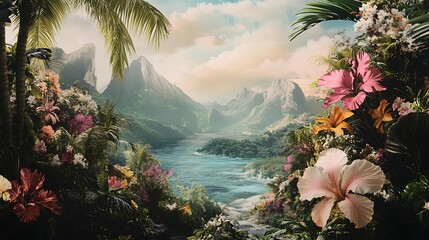 Lush tropical valley scene framed by vibrant floral arrangements.
