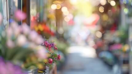 Obraz premium Soft blurred background of cozy flower shop with pastel colors and gentle light.