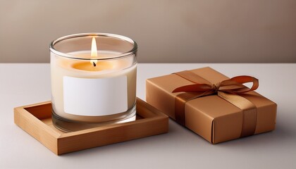 a candle in a glass holder with blank mockup label and gift box