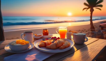 breakfast at dawn on sea beach blurred background ai generative