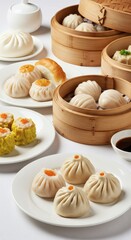 Explore delicious chinese dim sum cuisine steamed buns and dumplings in bamboo baskets food photography