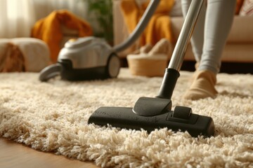 Person vacuuming a fluffy shag rug, focusing on the cleaning head and the carpet texture