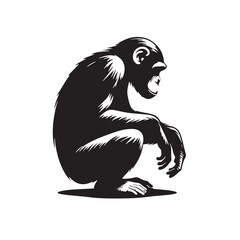 Black Color Chimpanzee Silhouette Vector Illustration, Solid White Background. minimal vector design