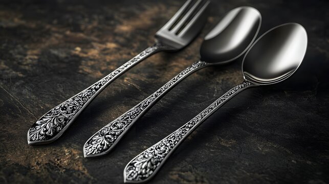 Ornate silverware set displayed on a dark surface.