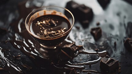 Hot coffee cup with chocolate squares in dark moody textured background for dessert drink styling