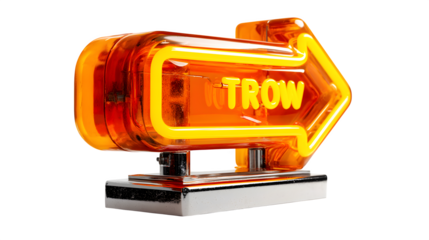 A glowing neon arrow icon in vibrant orange, pointing forward to signify progress, placed on white --ar 16:9 --v 7.0 --s 750