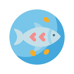 Stylized fish graphic in blue circle with accents