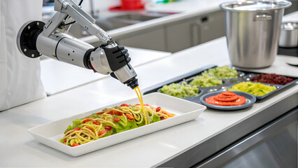 Robotic arm pours sauce onto spaghetti dish in a modern kitchen