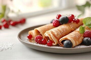 Delicious pancakes served with fresh berries and sweet syrup on a cozy dining table