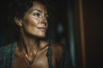 Pensive woman with curly hair and casual clothing, looking toward the light with a thoughtful expression in a dimly lit interior space.