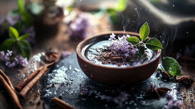 Bowl of salt with herbs and steam for spa wellness concept and natural beauty treatment visuals