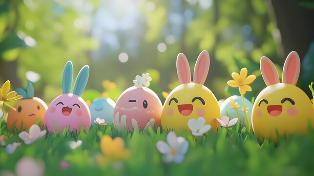 Playful easter egg characters in a springtime setting.