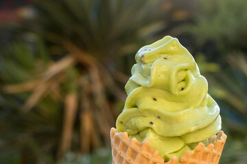 Green kiwi flavored ice cream in a waffle cone on a defocused background of green plants. Delicious fruit ice cream