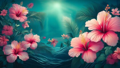 enchanted garden pink hibiscus blooms in teal paradise
